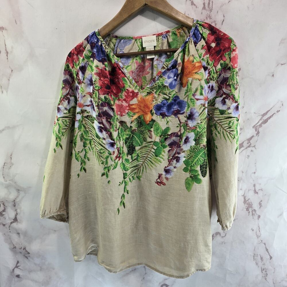Chicos Shirt Womens Medium 1 Linen Beige Floral Pink Green Lily V Neck